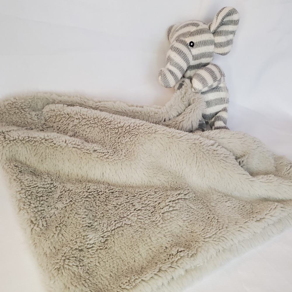 Kellytoy Elephant Gray Stripe Baby Security Blanket Lovey Rattle Plush‎ Knit